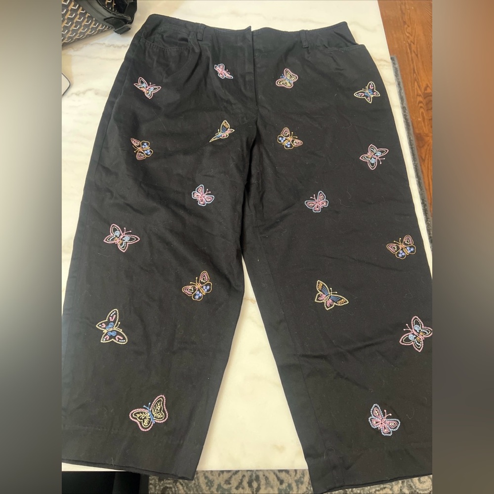 Talbots Petites Embroidered Butterfly Black Cotton Stretch Ankle Pants Size 16